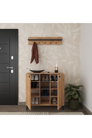 Albena 2 Kapaklı Ayakkabılık, Vestiyer, Portmanto, Askılık, 90 Cm , Atlantik Çam - Antrasit Atlantik Çam - Antrasit