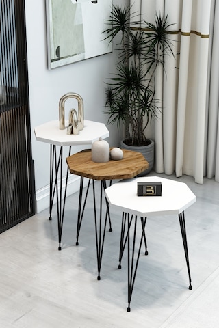 3'lü Sekizgen Zigon Sehpa Seti - Siyah Metal Ayaklı, Modern & Şık Yan Sehpa, Dayanıklı Salon Ofis Beyaz Atlantik Çam