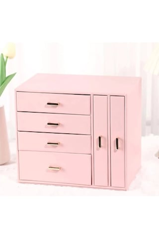 Dışı Deri İçi Kadife 6 Çekmeceli Takı Kutusu Pembe İthal Ürün