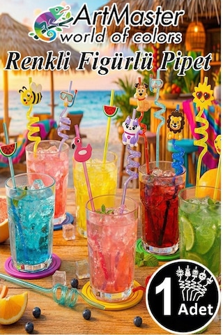 Figürlü Pipet 1 Adet Sevimli Renkli Kıvrımlı Pipet 26 Cm Ev Dekoratif Kokteyl Yıkanabilir Emoji Çocuklar İçin