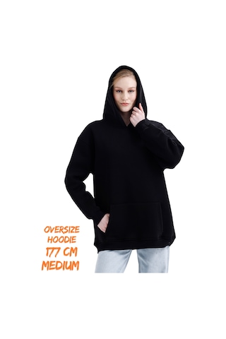 Pxm 3 Iplik Şardonlu Kapşonlu Ve Kanguru Cepli Sweatshirt Düz Hoodie Siyah Siyah