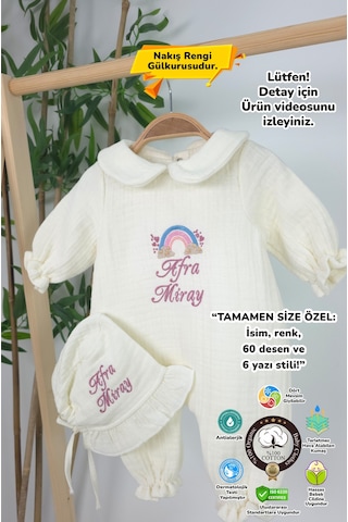Gros Shop Müslin Yeni Doğan 4 Katlı Organik %100pamuk Kişiye Özgü Nakışlı Hastane Çıkış Seti-pudra Gökkuşağı Ekru-2