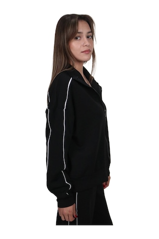 Kadın Modal Kumaş Kontrast Detaylı Rahat Kalıp Siyah Ceket Hırka Lacivert