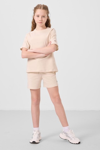 Bej Pamuklu Yumuşak Dokulu Standart Fit Basic Kız Çocuk Şort Takım - 75184 Bej
