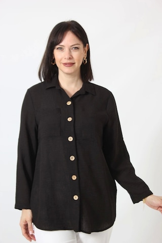 Moda Berray Sb-077 Siyah Pamuk Keten Kolu Apoletli İki Cepli Kadın Büyük Beden Gömlek Siyah