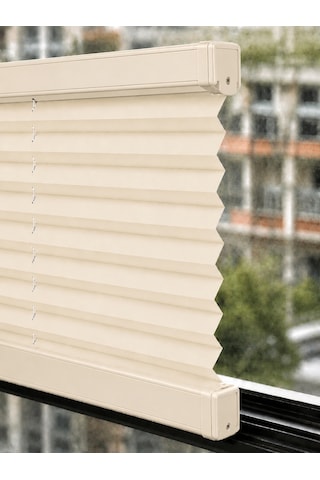 Plise Perde Krem Kumaş + Krem Profil Kasa Cam Balkon Perdesi