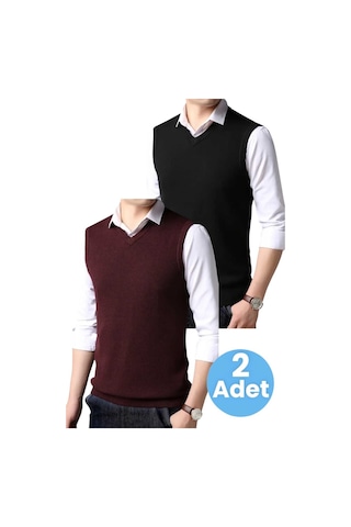 Tezzgelsin 2'li Erkek V Yaka Triko Tüylenmez Süveter Erkek Slim Fit Süveter Bordo - Siyah
