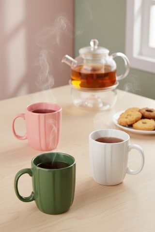 Rüzgar Seramik Kupa 3'lü Set Pembe Yeşil Beyaz Kahve Çay Kupası 300 Ml 10 Cm Renkli