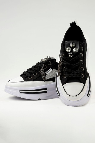 Tw Tonny White Tokyo - 172 Tül Detaylı Keten Sneakers Topuk Boyu 5cm Siyah