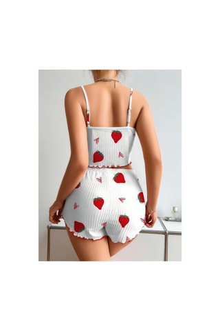 Lily Bianca Nightwear Çilek Desenli Askılı Mini Şortlu Penye Gecelik Beyaz