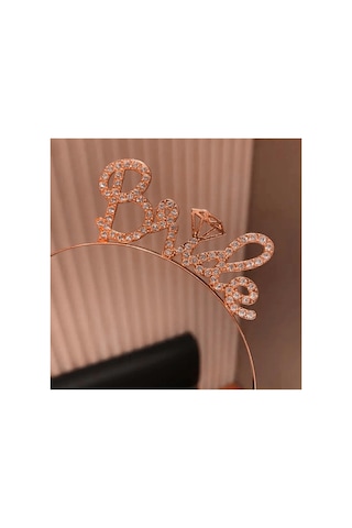 Rose Gold Renkli Taşlı Bride Gelin Tacı El Yazısı Yazı Tipiyle Çok Renkli