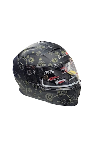 Çene Açılır Kask Ls5 Mat Siyah Kedi Grafikli Xl-4588 Mat Siyah Gold Sarı