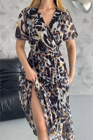 Neşeli Butik Kadın Siyah Kruvaze Yaka Desenli Şifon Elbise Nbq001 Siyah