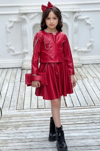 Riccotarz Kız Çocuk Zincir Detaylı Ceket Beli Manşetli Etek Ve Croplu Kırmızı Etekli Takım Kırmızı