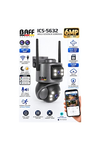 Baff Ics-5632 6mp Çift Lens Wifi Akıllı Güvenlik Kamerası Ptz Aı İnsan Algılama Hareket Takip Gece Görüşlü