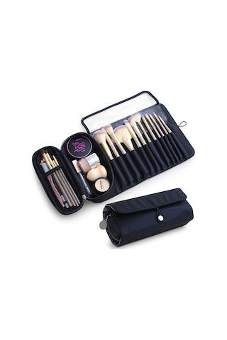 Qingmipy Siyah Çok Amaçlı Çift Katlı Pinsel Çantası - Seyahat Ve Günlük Kullanıma Uygun Makyaj Aletleri Saklama Çantası