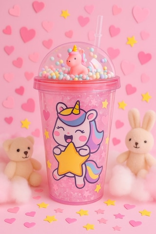 Renkli Boncuklu Unicorn Tasarımlı Pipetli İçecek Bardağı Çocuklar İçin Sevimli Suluk Pembe 2646 Çok Renkli