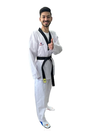 Jumok Siyah Yaka Fitilli Taekwondo Elbisesi Beyaz - Siyah