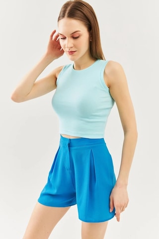 Butikgiz Kadın Sıfır Kol Bisiklet Yaka Vücuda Oturan %100 Pamuklu Kaşkorse Esnek Crop Bluz Aqua