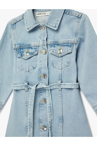 Koton Uzun Kollu Gömlek Yaka Cepli Kemerli Denim Elbise Lıght Indıgo 6skg80012ad Açık Mavi