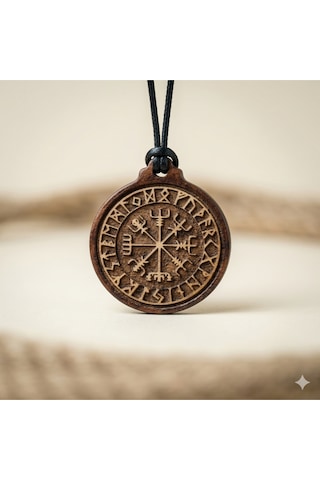 Doğal Ahşap Vegvisir Viking Pusulası Kolye İskandinav Mitolojisi Rünik Desen Unisex Madalyon Kahverengi