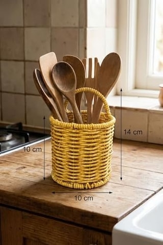 Yuvarlak Hasır Dokulu Plastik Rattan Kaşıklık Ve Çatallık, Askılı Çok Amaçlı Mutfak Organizeri, 10x14 Cm Açık Ahşap