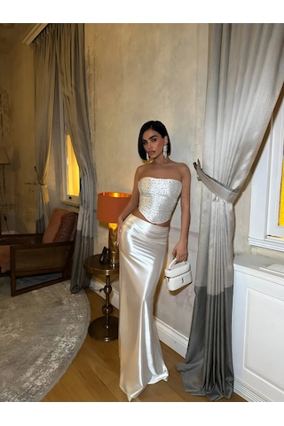 Havens Kristal Taşlı Büstiyer & Saten Etek Takım Beyaz