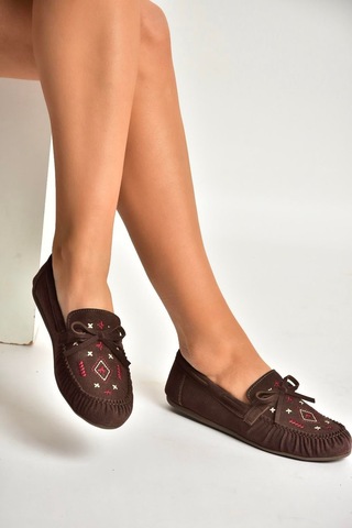Fox Shoes Y996073102 Kahverengi Süet Renkli Motif İşlemeli Kadın Babet Kahverengi