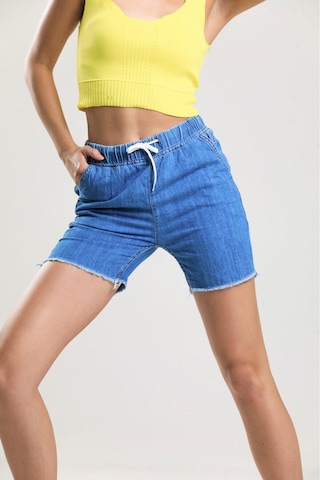 Pass&Pass 2080 Kadın Püsküllü Paça Jeans Denim Kot Şort Mavi