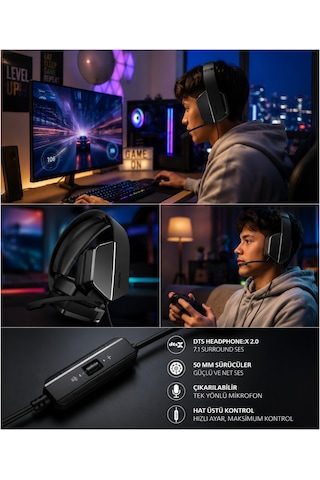 Philips Tag4106bk/00 7.1 Surround Oyuncu Kulaklığı, 50 Mm, Usb+3.5 Mm, Çıkarılabilir Mikrofon, Siyah