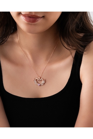 925 Ayar Zirkon Taşlı Rose Birleşen Kuğular Kalp Motifli Gümüş Aşk Kolyesi Gümüş - Rodyum