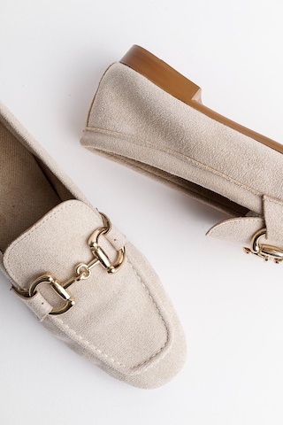 Muggo Mona Garantili Metal Tokalı Deri Kadın Loafer Günlük Ayakkabı Bej