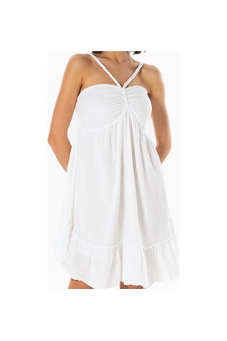 Alanya Boyundan Bağlamalı Kısa Yazlık Müslin Elbise Beyaz Byz-beyaz