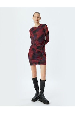 Koton Tül Elbise Mini Drapeli Batik Desenli Bisiklet Yaka Uzun Kollu Slim Fit Bordo Desenli 5wal80013ık Bordo