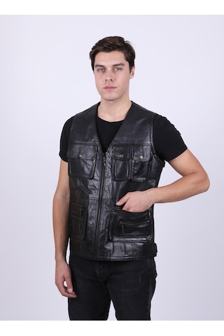 New Zaya Leather Erkek Siyah Deri Yelek (468581124)