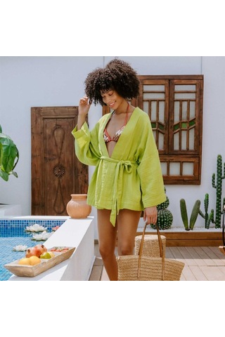 Miespiga Pamuklu Dokuma Beli Kuşaklı Mini Kadın Kimono Kaftan - Standart Yeşil
