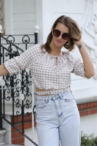 Lodmela Bağlama Detaylı Crop Bluz 1736vizon