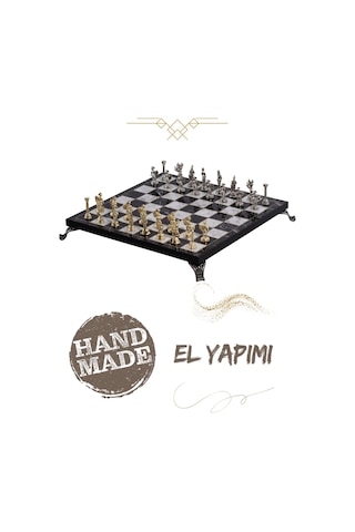 Mc42 Antik Roma Metal Satranç Takımı - Mermer Desenli 25cm Tahta El Yapımı Taşlar