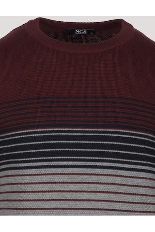 Erkek Triko Bordo Bisiklet Yaka Desenli Slim Fit Pamuklu Kazak Ncs Jeans 3735-bordo Bordo
