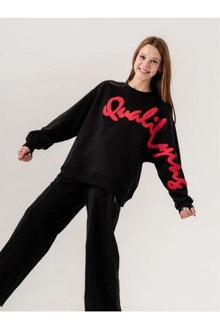 Kız Çocuk Quality Yazılı Pamuklu Sweatshirt-14780 Siyah