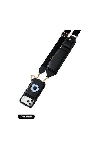 Hera Apple Uyumlu iPhone 18 Pro / 17 Pro Uyumlu Çiçek Magsafe Cüzdan, Cepli Gözlük Askısı, Kılıf 3'lü Siyah Set