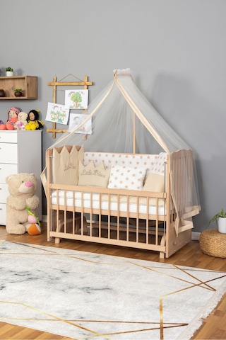Ahşap Beşik Anne Yanı Beşik Organik Boyasız 60x120 - Krem Prens Erkek Uyku Seti Yatak Ahşap