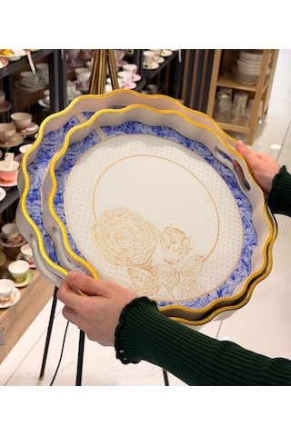 2li Blue Gold Lüks Tepsi-5658 Çok Renkli
