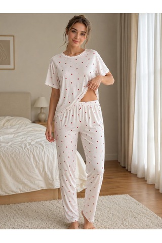 Esra Butik78 Kadın Milan Kumaş Kısa Kollu Pijama Takımı Beyaz/krem Desenli