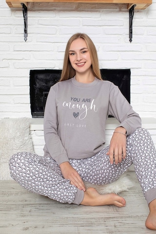 Guava Kadın Bisiklet Yaka Bilek Manşet/lastikli 2 İplik Cepli Kışlık Jogger Eşofman Pijama Takımı Homewear Gri