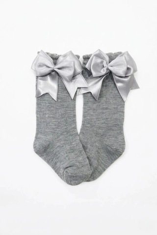 Cocole Socks Kız Çocuk Aksesuarlı Dizaltı Çorabı Tekli Pamuklu Düz Gri Fiyonklu