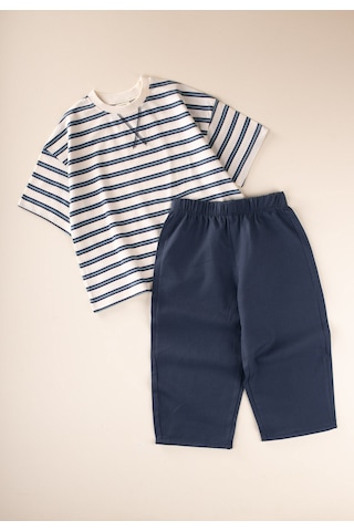 Cigit Oversize T-shirt Geniş Kesim Pantolon Takım 2-10 Yaş Lacivert Çizgili
