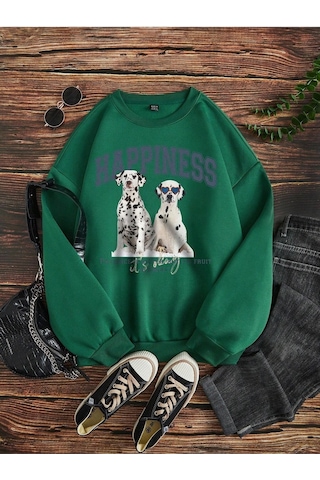 Kadın Nefti Yeşili Dalmatian Dog Baskılı Bisiklet Yaka Sweatshirt Nefti Yeşili