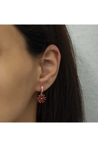 Gümüş Kırmızı Çiçek Küpe 14 MM Gümüş