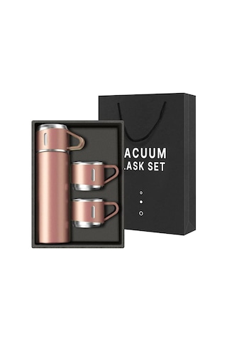 6006 Kupa Bardaklı Paslanmaz Çelik Termos Seti 500 Ml Pembe